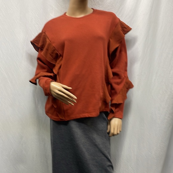 a new day Women's Rust Ruffled Sleeves Sweatshirt NWT - Picture 2 of 7
